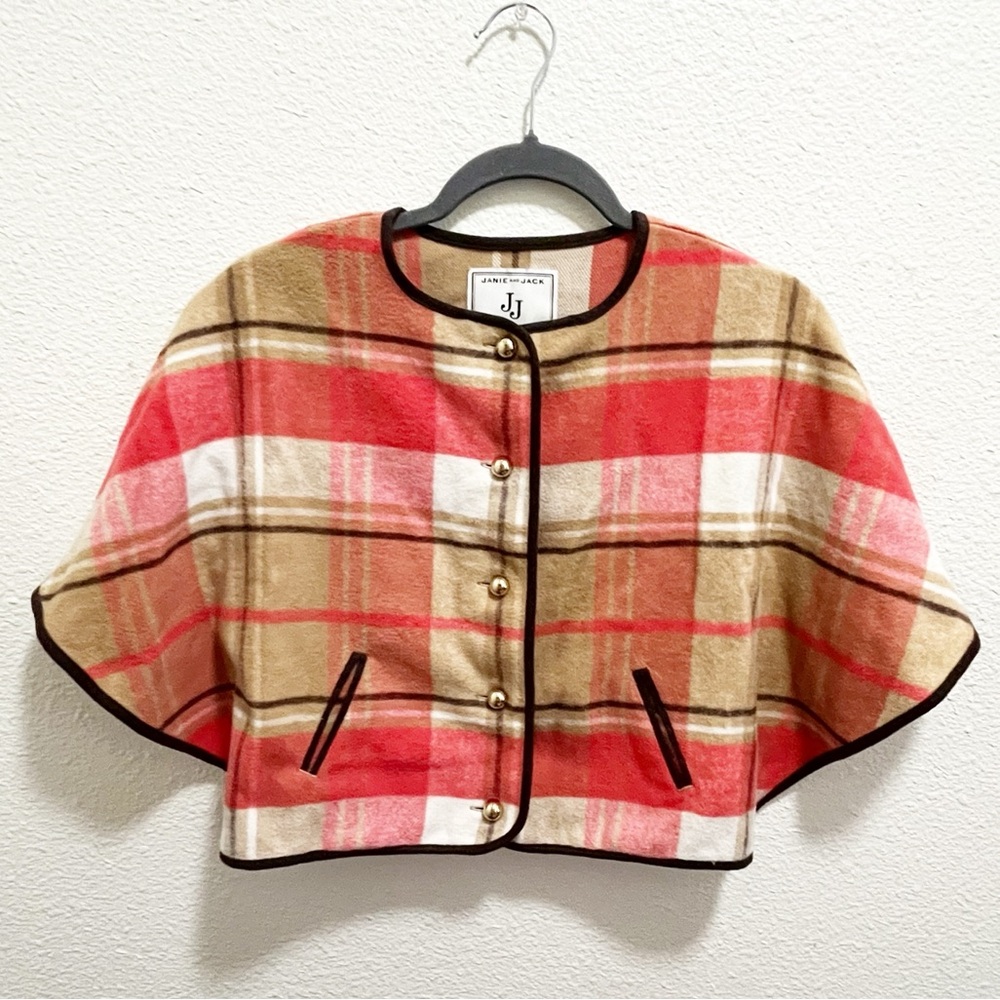 Janie & Jack Girls Tartan Pink Brown Tan Plaid Button Front Cape - Picture 7 of 8